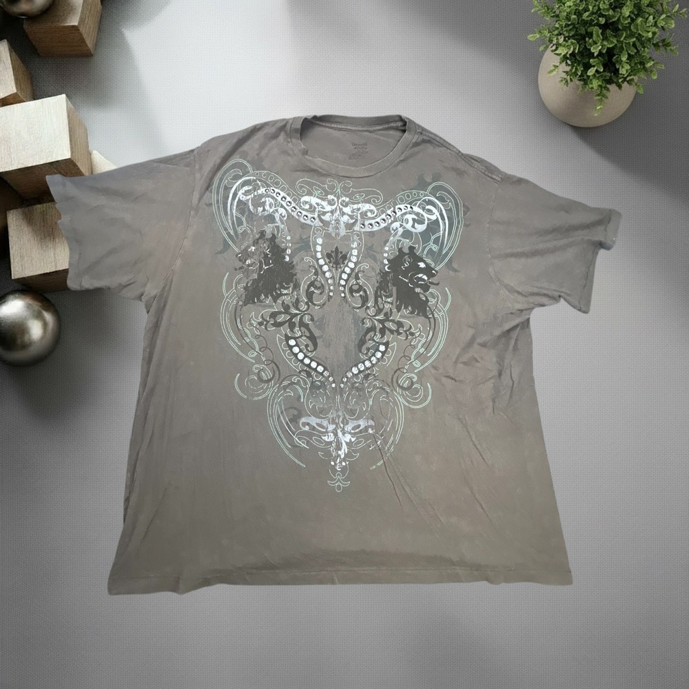 Cremieux Mens XL Gray Y2K Graphic Tee Studded Lion Grunge Boxy T-Shirt